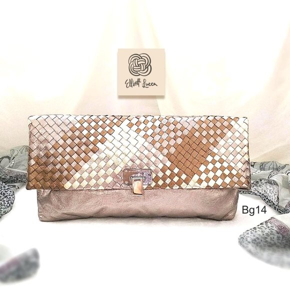 ELLIOTT LUCCA 3in1 Bag Metallic Gold Weaved Leather Clutch Shoulder Bag … - Picture 1 of 12